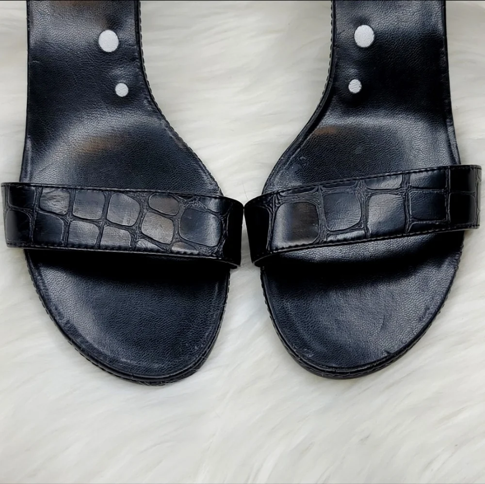 Fioni Strappy Black Leather Crocodile Alligator Print High Heels